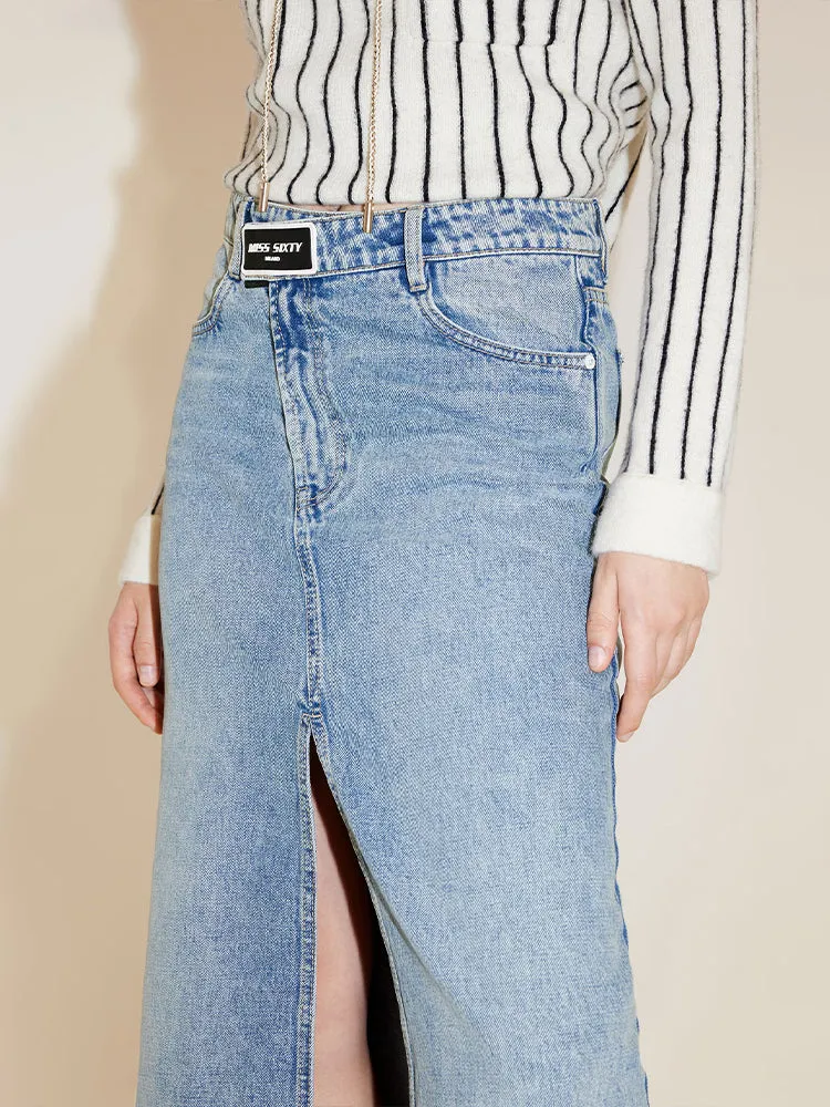 High Waist Denim Slit Skirt With Asymmetrical Waist