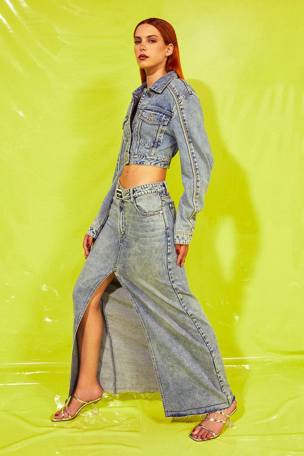 High Waist Denim Slit Skirt With Asymmetrical Waist