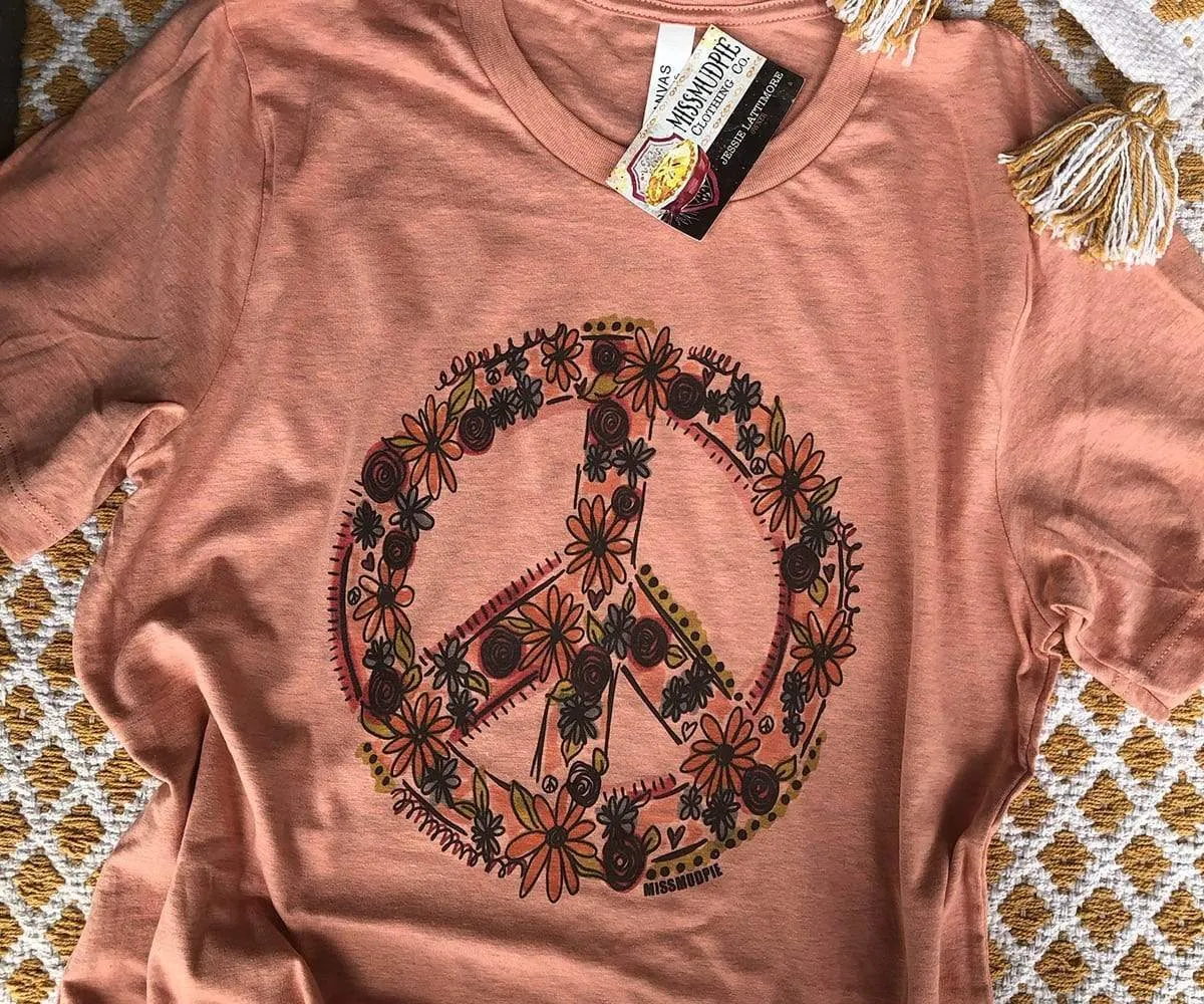 Hippie Chick Floral Peace Sign Graphic Tee (made 2 order) LC