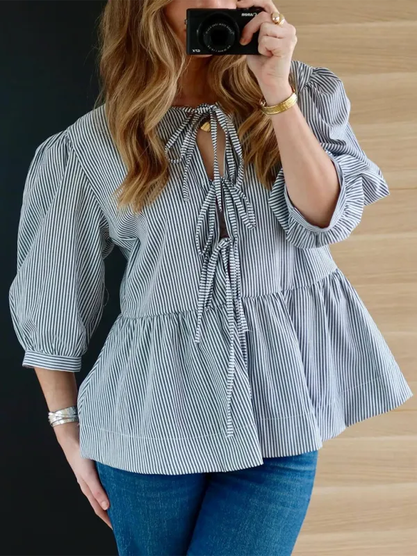 Idalia New Women's Fashion Striped Lace-Up Shirt Tops