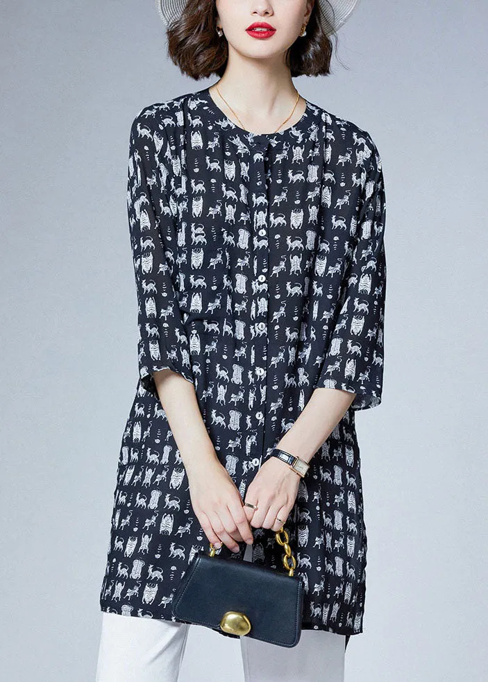 Italian Black O Neck Print Patchwork Chiffon Shirts Tops Bracelet Sleeve TF1016