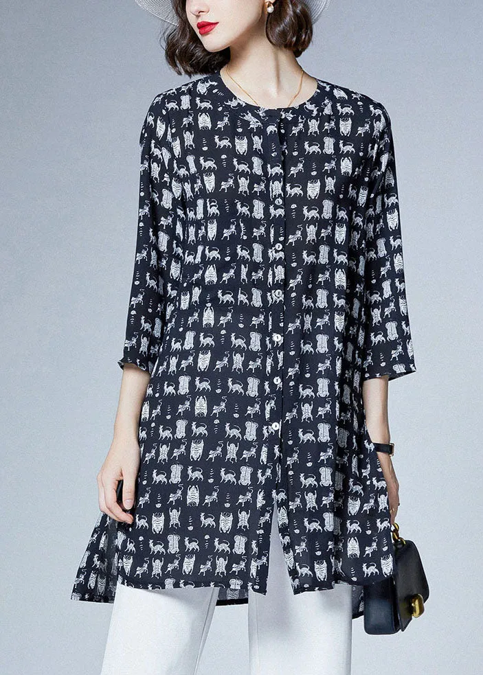 Italian Black O Neck Print Patchwork Chiffon Shirts Tops Bracelet Sleeve TF1016
