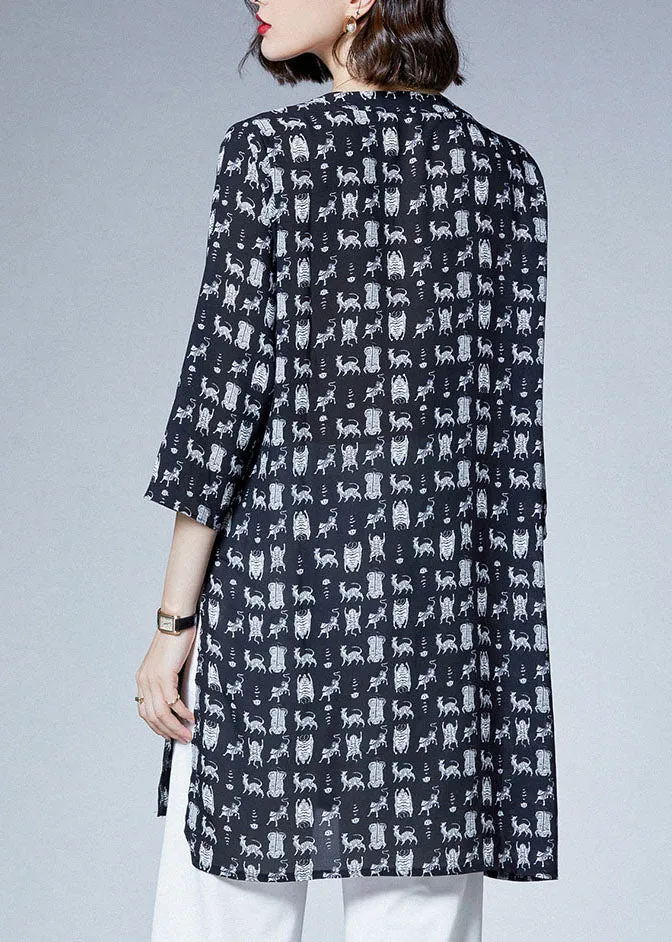 Italian Black O Neck Print Patchwork Chiffon Shirts Tops Bracelet Sleeve TF1016