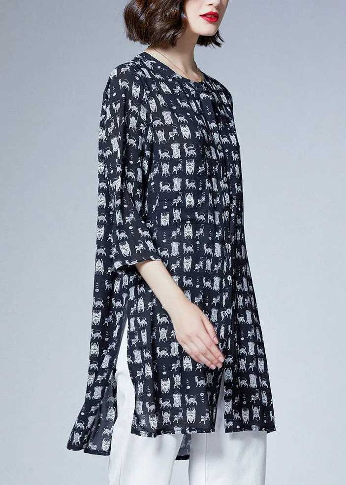 Italian Black O Neck Print Patchwork Chiffon Shirts Tops Bracelet Sleeve TF1016