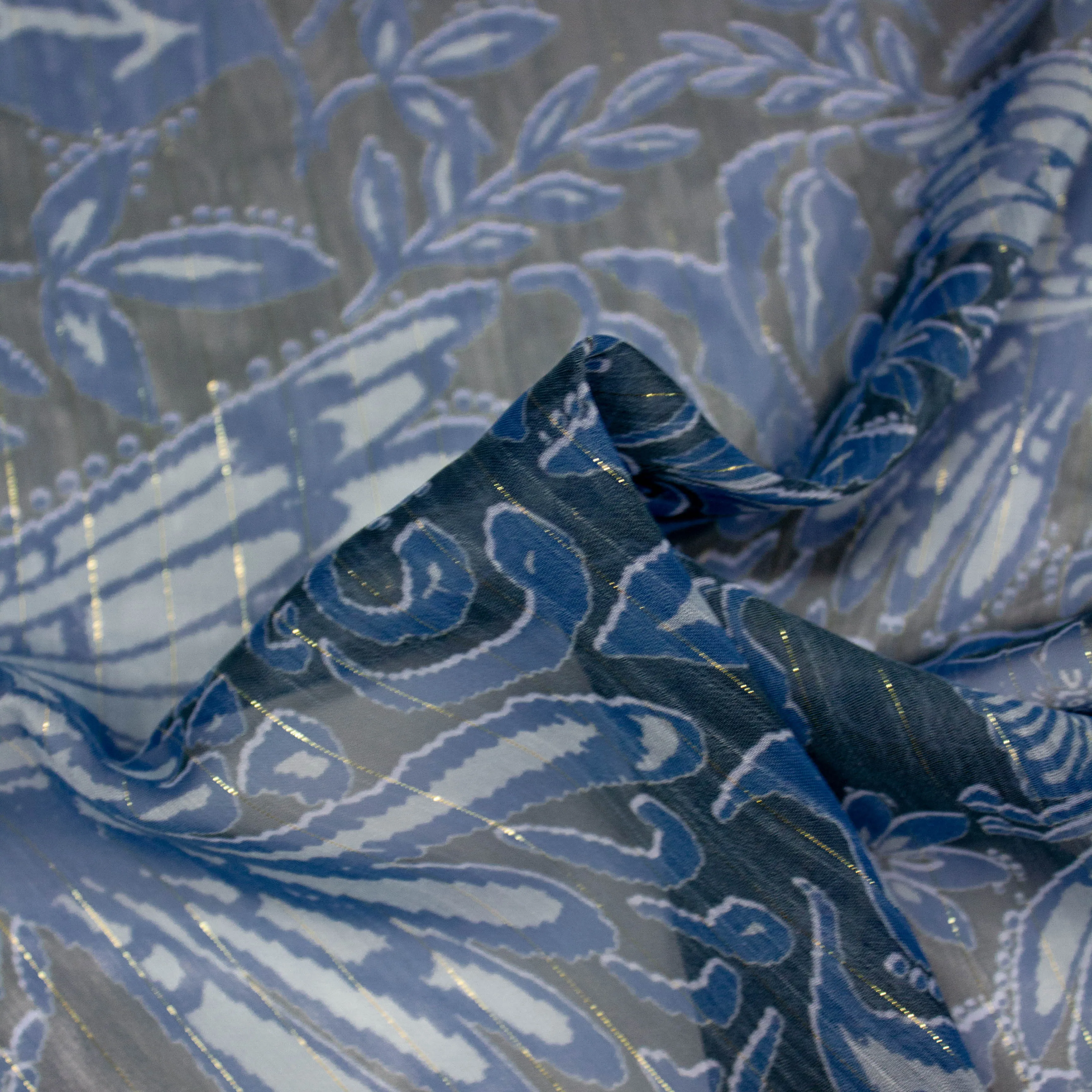 Jinte Blue Floral Polyester Voile Lurex