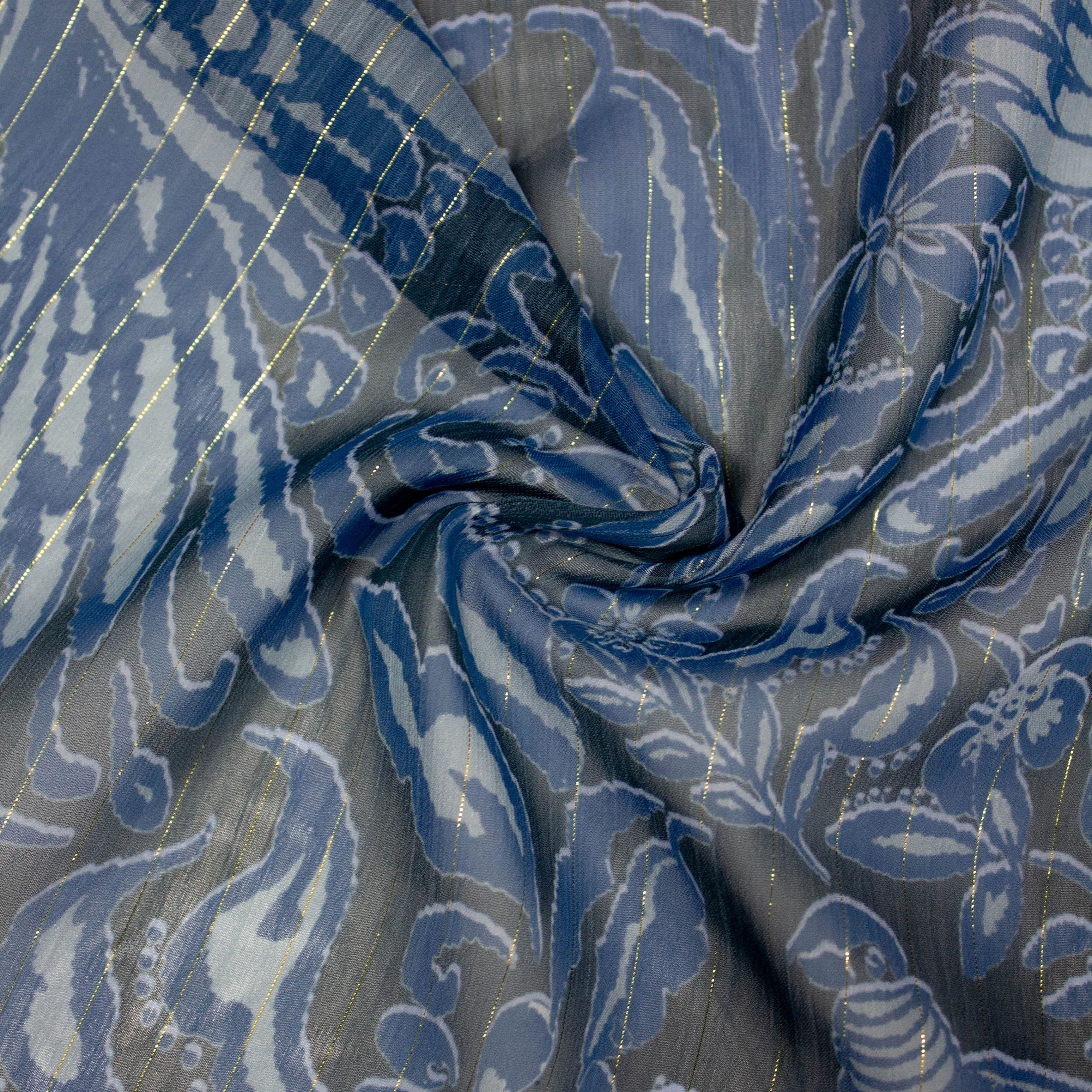 Jinte Blue Floral Polyester Voile Lurex