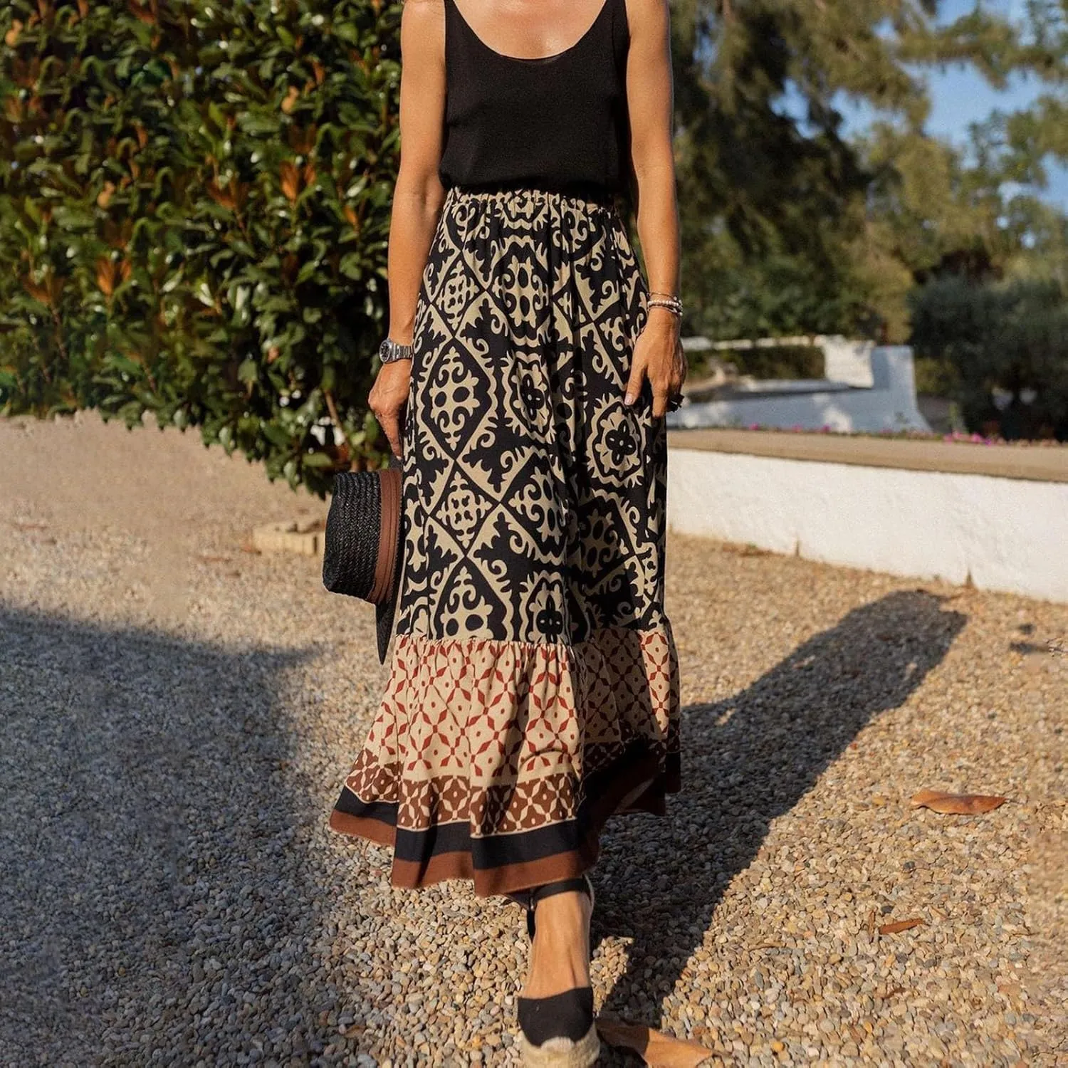 JJHAEVDY Women's 2025 Bohemian Long Skirts Elastic High Waist A Line Maxi Skirts Summer Casual Printed Pleated Flowy Skirts