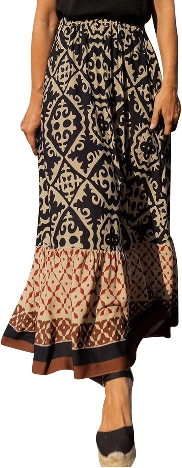 JJHAEVDY Women's 2025 Bohemian Long Skirts Elastic High Waist A Line Maxi Skirts Summer Casual Printed Pleated Flowy Skirts