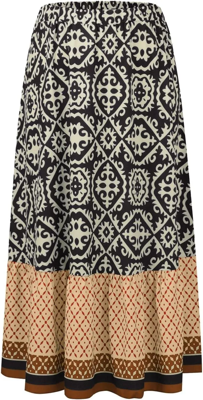 JJHAEVDY Women's 2025 Bohemian Long Skirts Elastic High Waist A Line Maxi Skirts Summer Casual Printed Pleated Flowy Skirts
