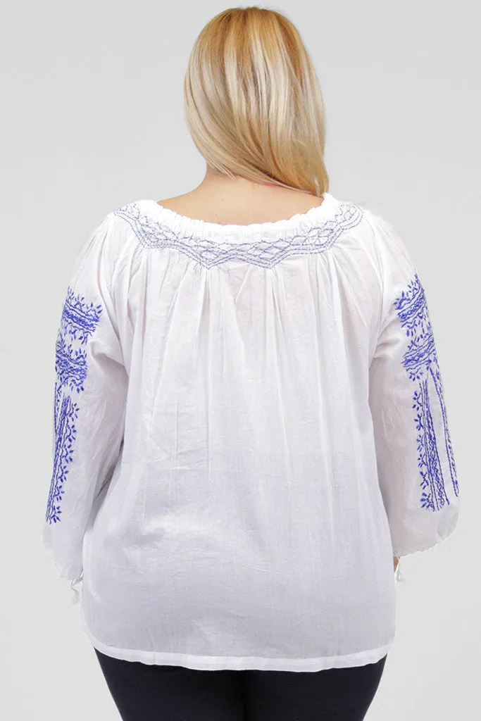La Cera Plus Size 3/4 Sleeve Stripe Embroidered Peasant Top