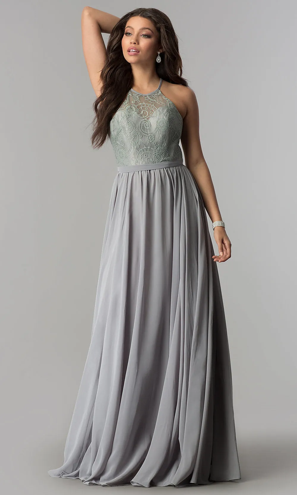 Lace-Bodice A-Line Long Chiffon Prom Dress