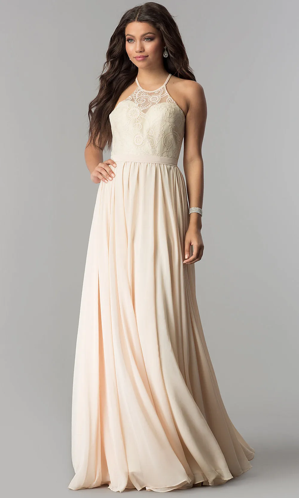 Lace-Bodice A-Line Long Chiffon Prom Dress