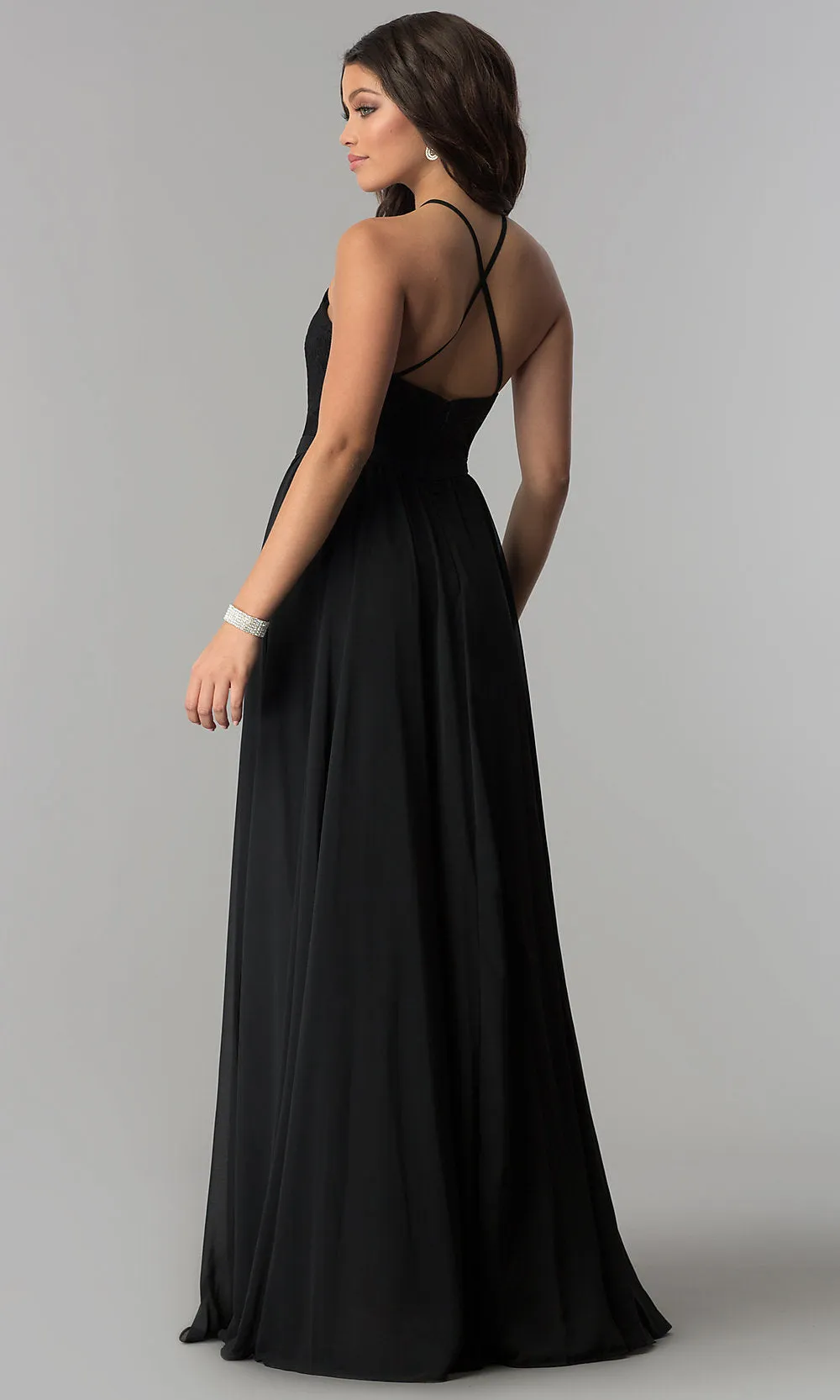 Lace-Bodice A-Line Long Chiffon Prom Dress