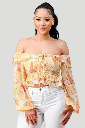 LEAF PRINT CHIFFON SMOCKED OFF SHOULDER RUFFLE TOP