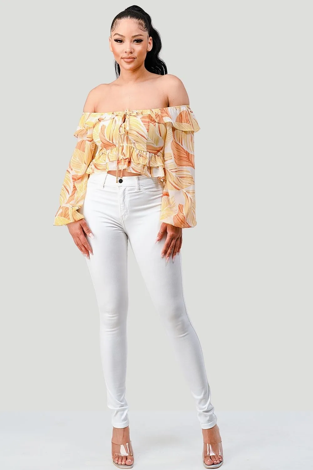 LEAF PRINT CHIFFON SMOCKED OFF SHOULDER RUFFLE TOP