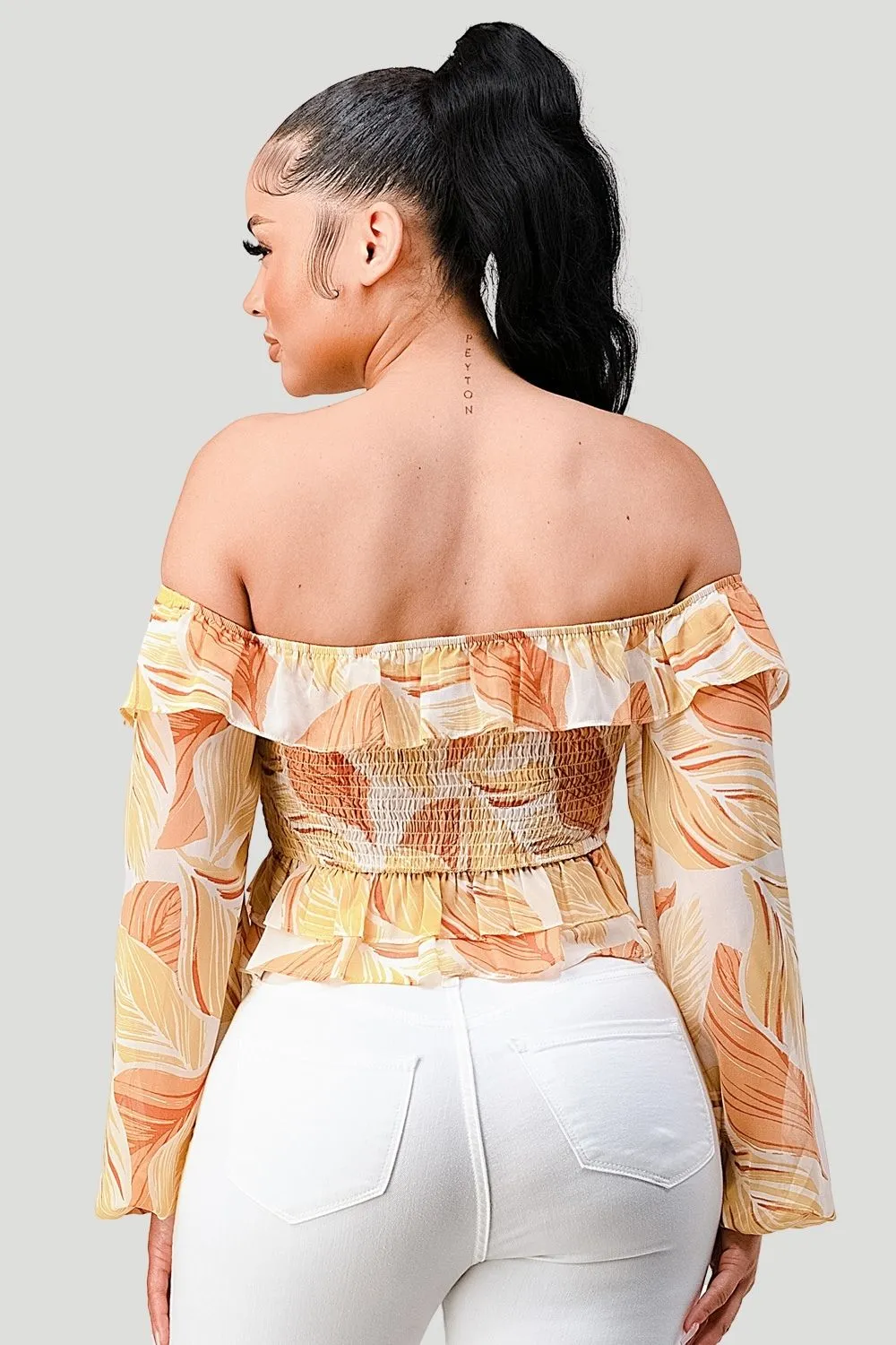 LEAF PRINT CHIFFON SMOCKED OFF SHOULDER RUFFLE TOP
