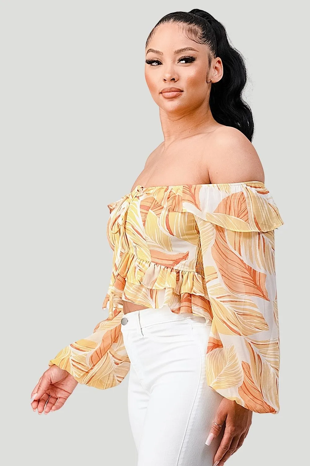 LEAF PRINT CHIFFON SMOCKED OFF SHOULDER RUFFLE TOP