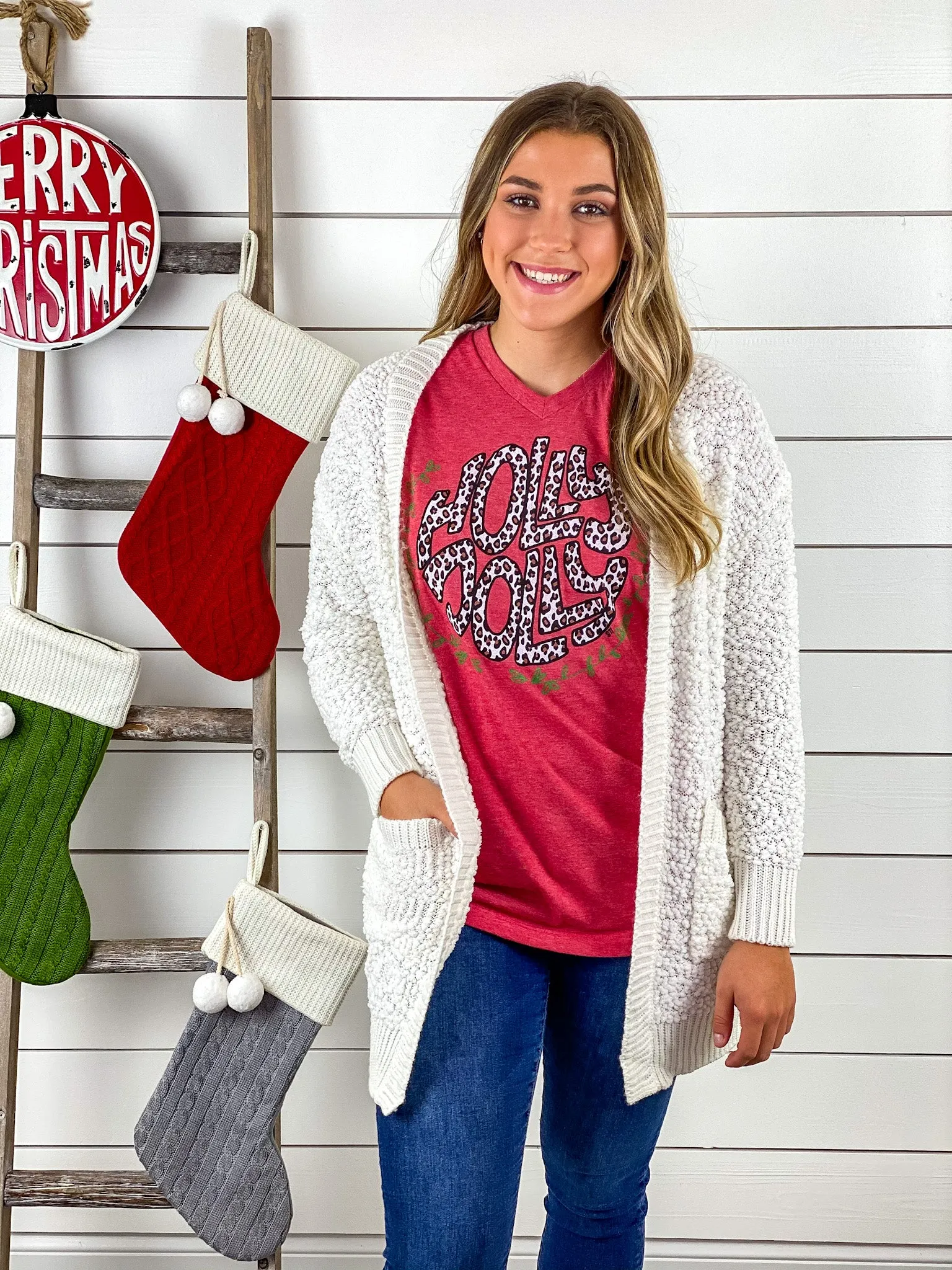 Leopard Holly Jolly V-Neck Graphic Tee