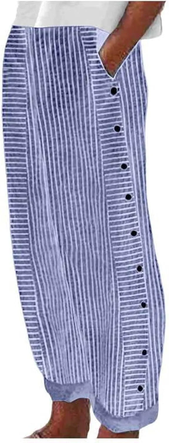 Linen Pants Women Cropped Side Button Elastic Waist Pants Casual Summer Beach Trousers with Pockets