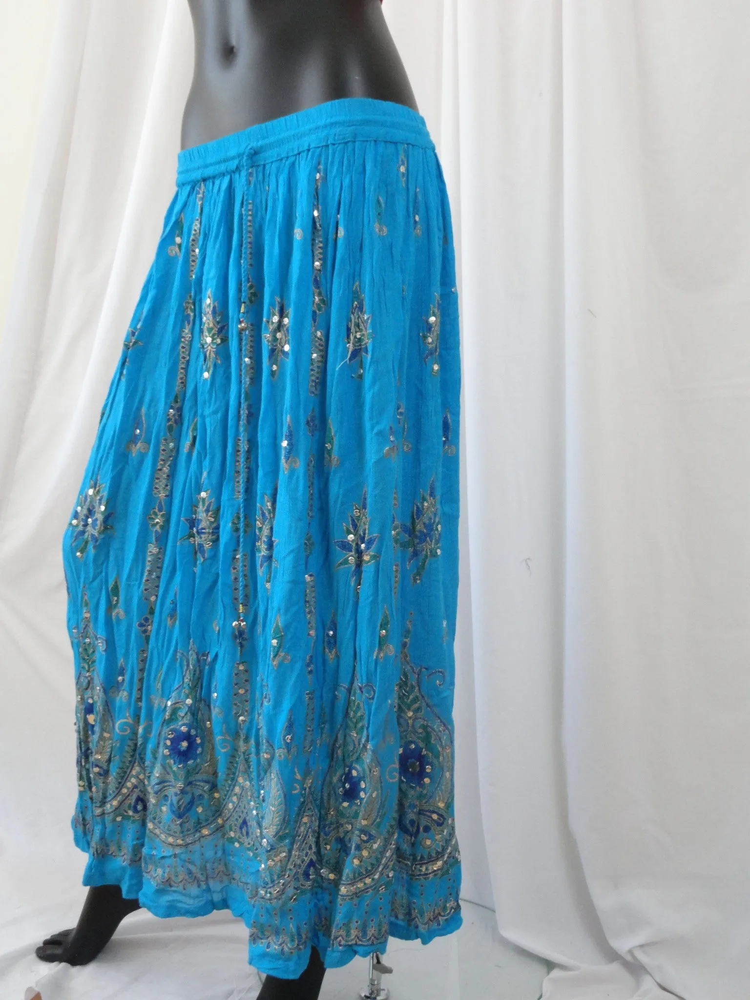 Long, crushed cotton turquoise blue skirt. Indian maxi, mirror work, Crinkled gypsy skirt. Ethnic, boho skirt. From Artikrti.