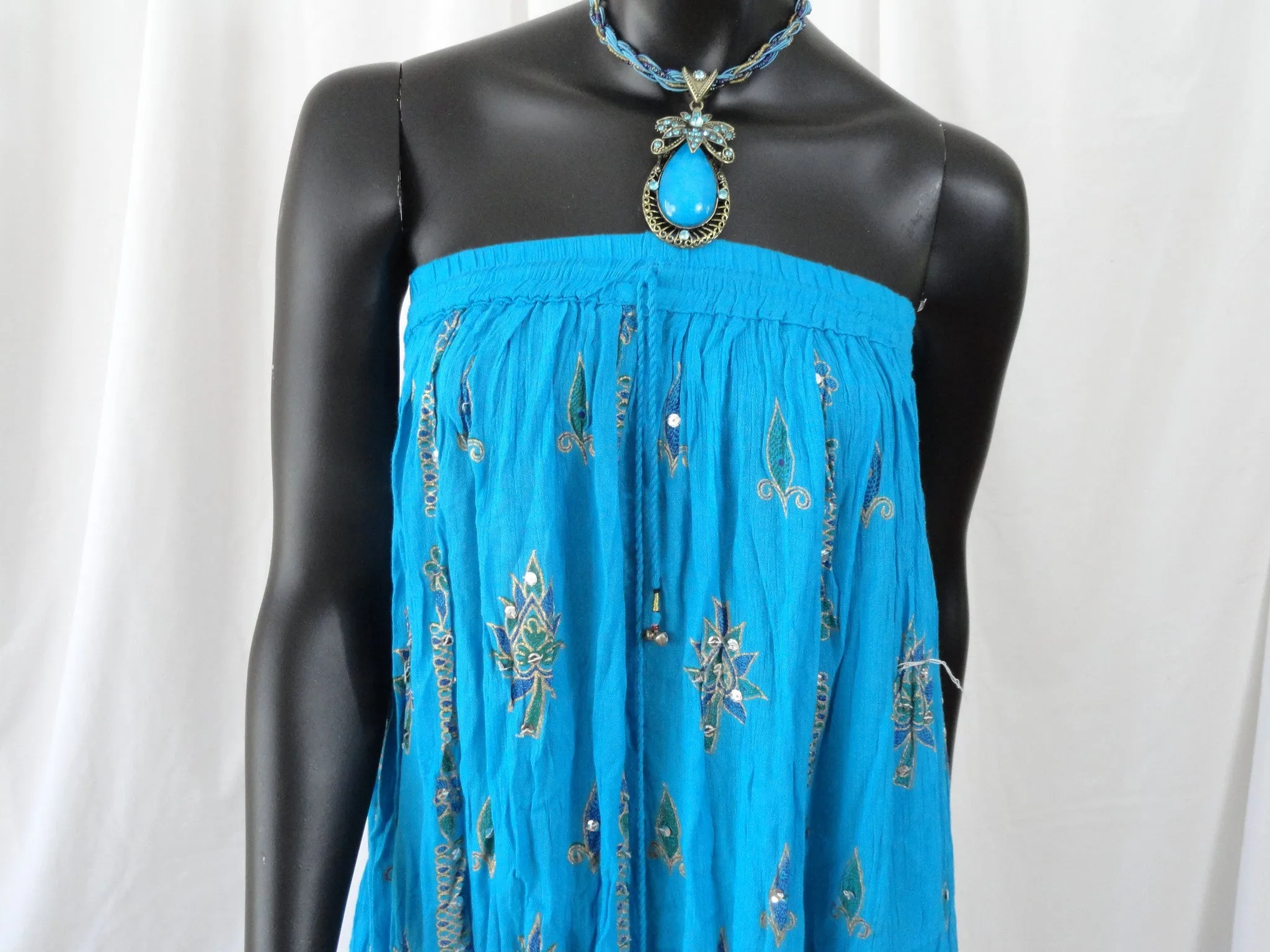 Long, crushed cotton turquoise blue skirt. Indian maxi, mirror work, Crinkled gypsy skirt. Ethnic, boho skirt. From Artikrti.