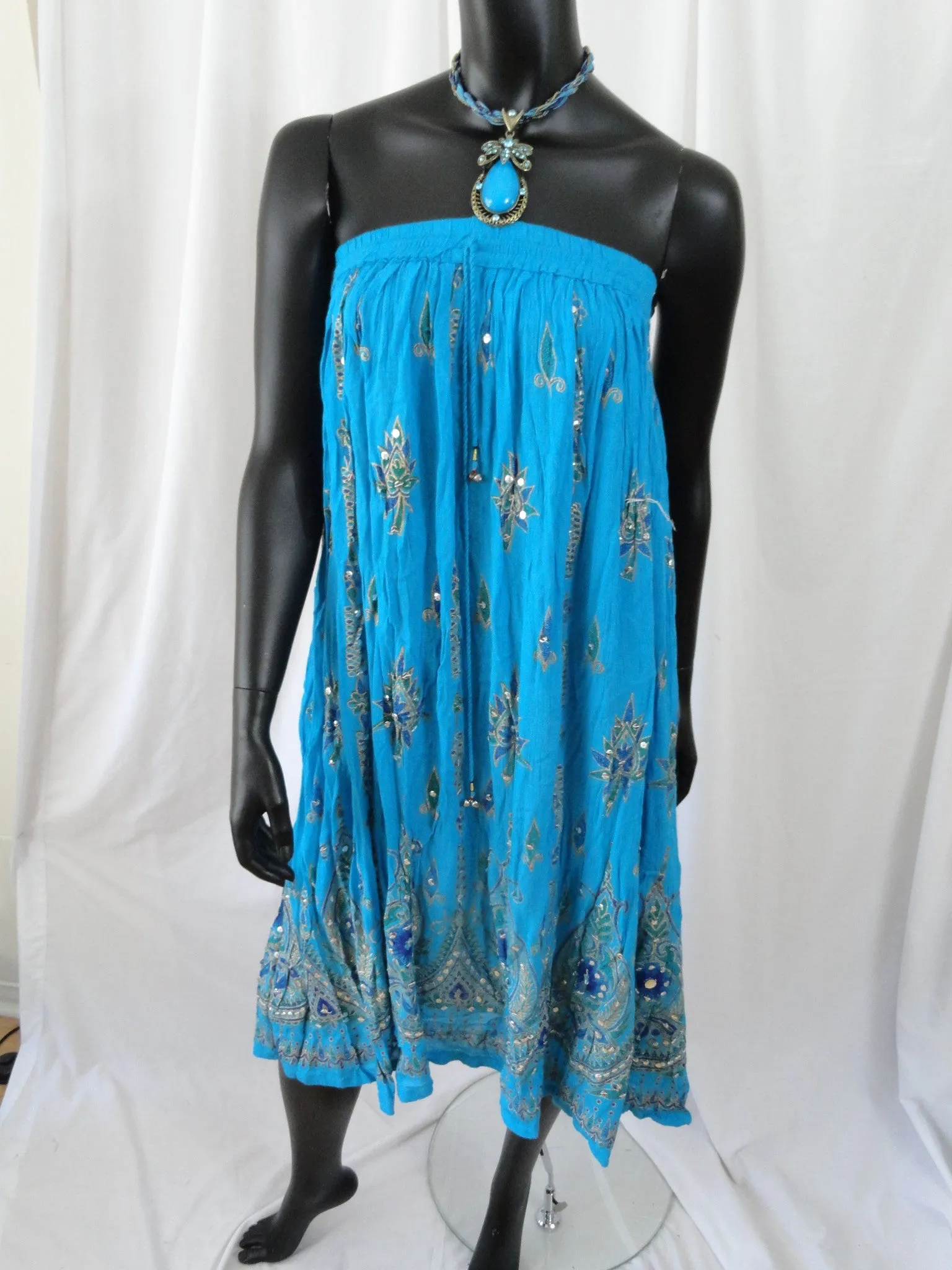 Long, crushed cotton turquoise blue skirt. Indian maxi, mirror work, Crinkled gypsy skirt. Ethnic, boho skirt. From Artikrti.