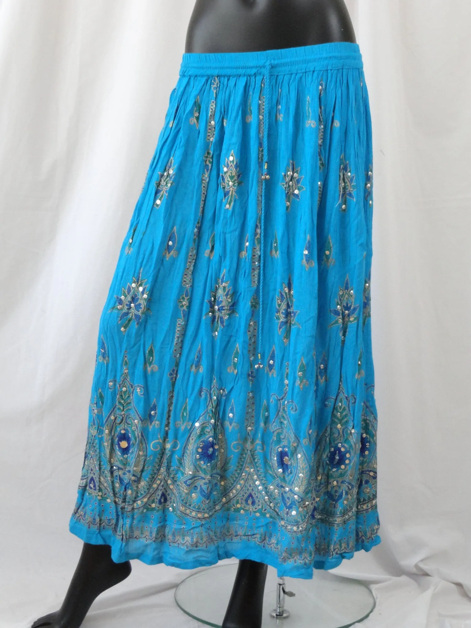 Long, crushed cotton turquoise blue skirt. Indian maxi, mirror work, Crinkled gypsy skirt. Ethnic, boho skirt. From Artikrti.