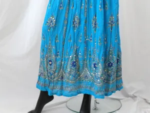Long, crushed cotton turquoise blue skirt. Indian maxi, mirror work, Crinkled gypsy skirt. Ethnic, boho skirt. From Artikrti.
