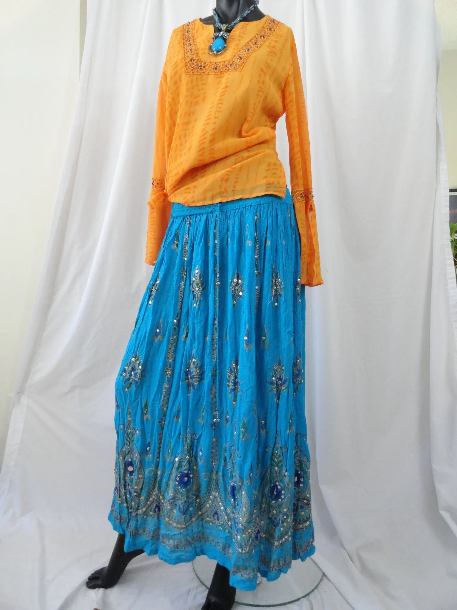 Long, crushed cotton turquoise blue skirt. Indian maxi, mirror work, Crinkled gypsy skirt. Ethnic, boho skirt. From Artikrti.