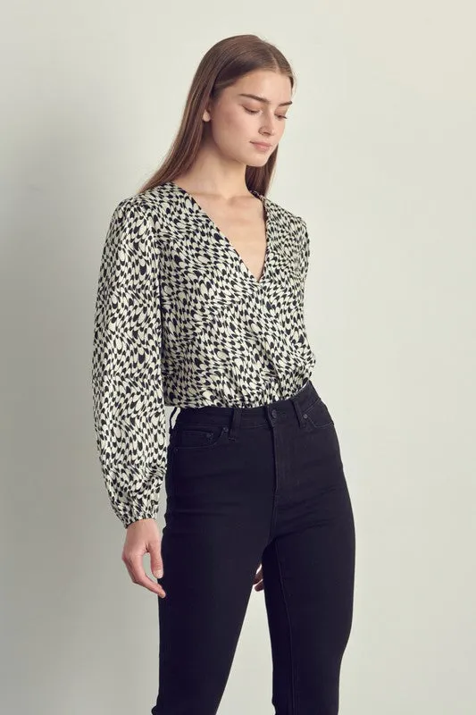 Long sleeve bodysuit top with abstract print
