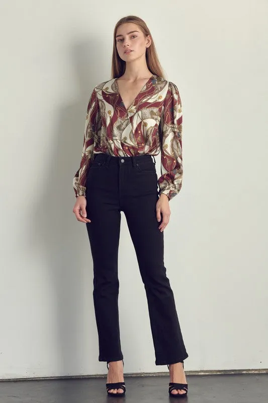 Long sleeve bodysuit top with abstract print