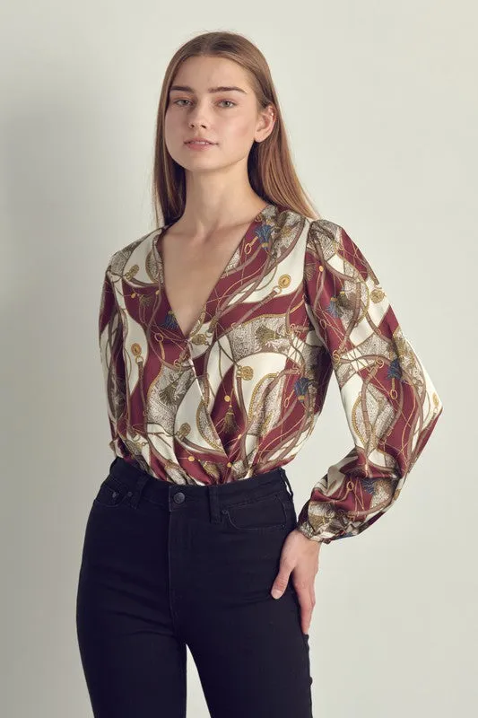 Long sleeve bodysuit top with abstract print