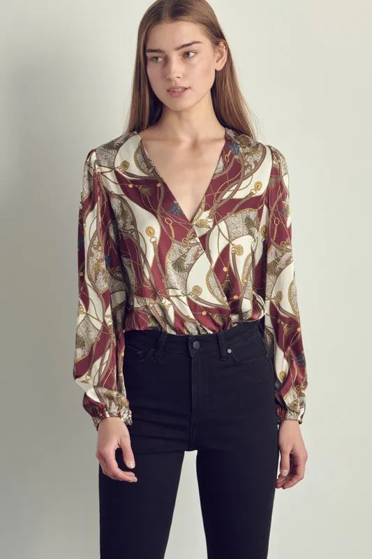 Long sleeve bodysuit top with abstract print