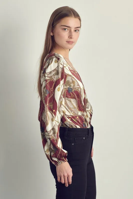 Long sleeve bodysuit top with abstract print