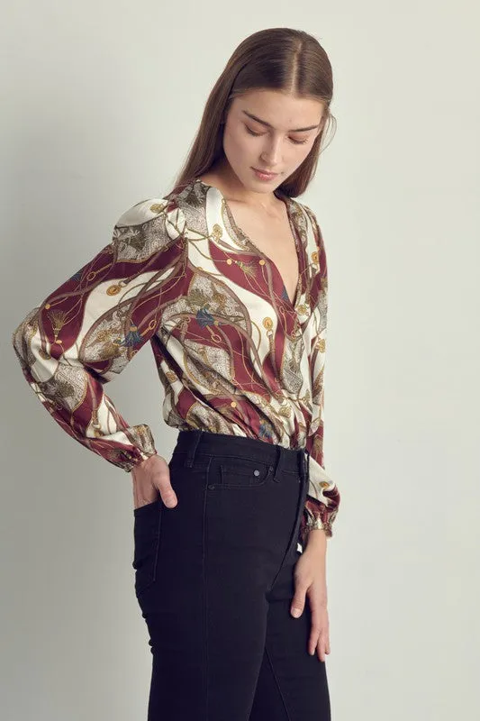 Long sleeve bodysuit top with abstract print