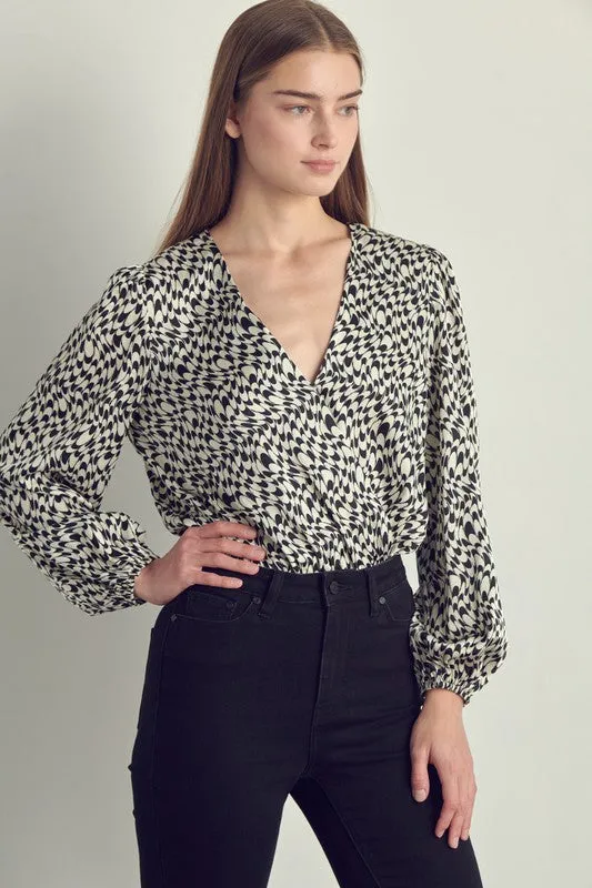 Long sleeve bodysuit top with abstract print