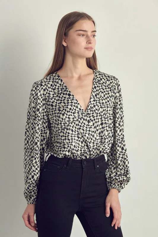 Long sleeve bodysuit top with abstract print
