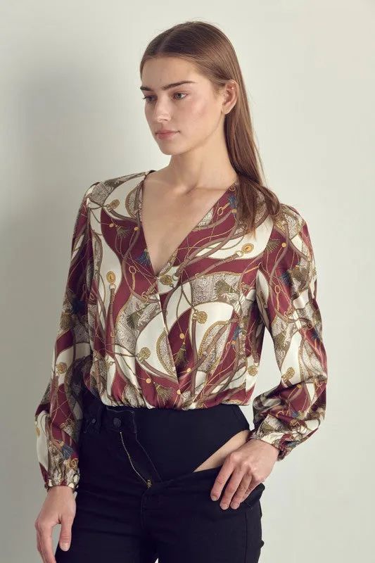 Long sleeve bodysuit top with abstract print