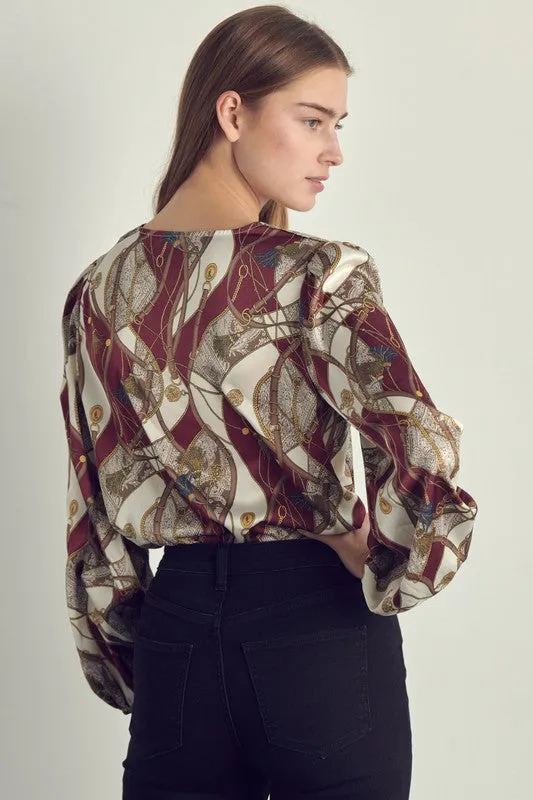 Long sleeve bodysuit top with abstract print