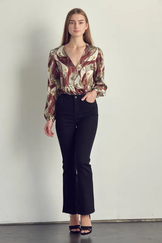Long sleeve bodysuit top with abstract print
