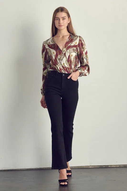 Long sleeve bodysuit top with abstract print