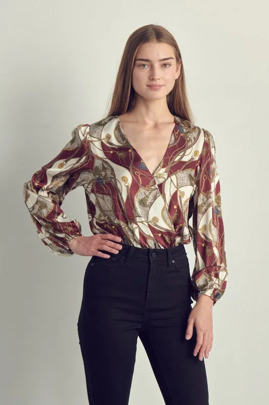Long sleeve bodysuit top with abstract print