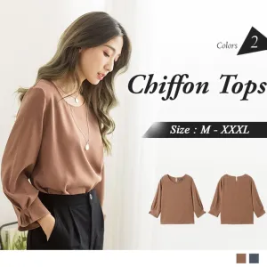 LONG SLEEVE ROUND NECK CHIFFON TOPS