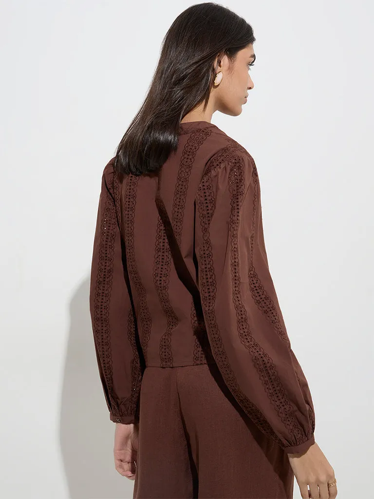 LOV Dark Brown Crochet Embroidered Cotton Blouse