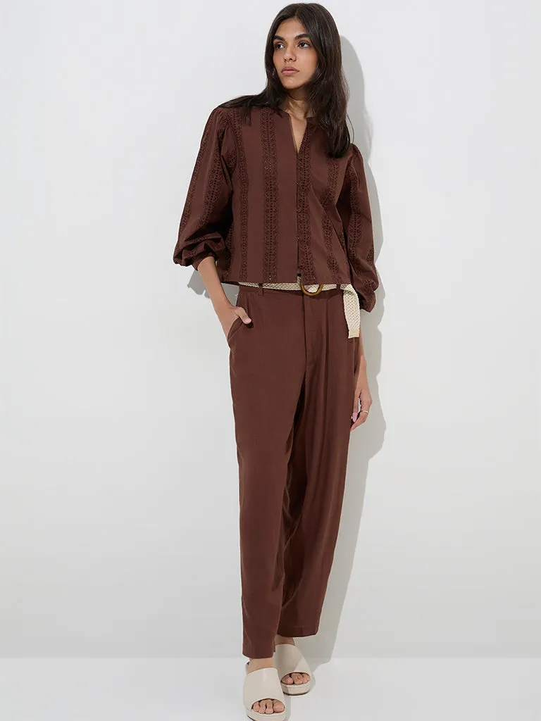 LOV Dark Brown Crochet Embroidered Cotton Blouse