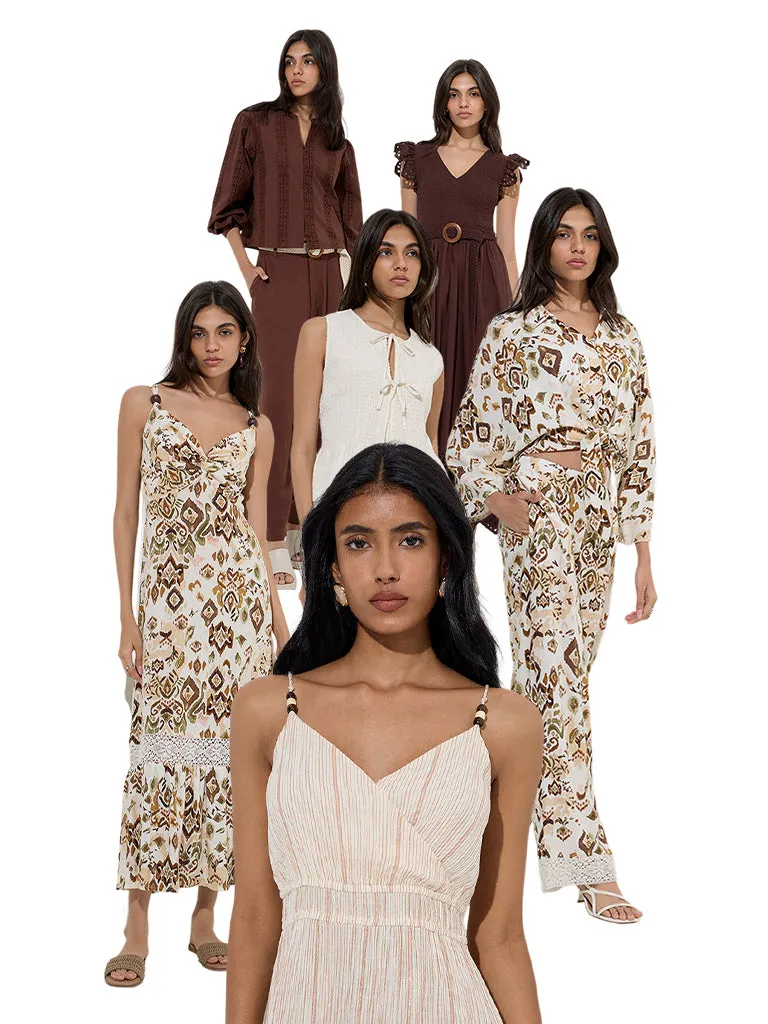 LOV Dark Brown Crochet Embroidered Cotton Blouse