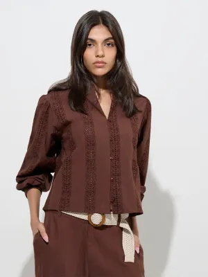 LOV Dark Brown Crochet Embroidered Cotton Blouse LOV Dark Brown Crochet Embroidered Cotton Blouse