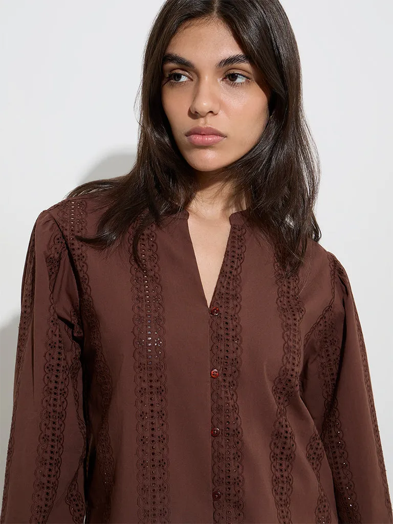 LOV Dark Brown Crochet Embroidered Cotton Blouse
