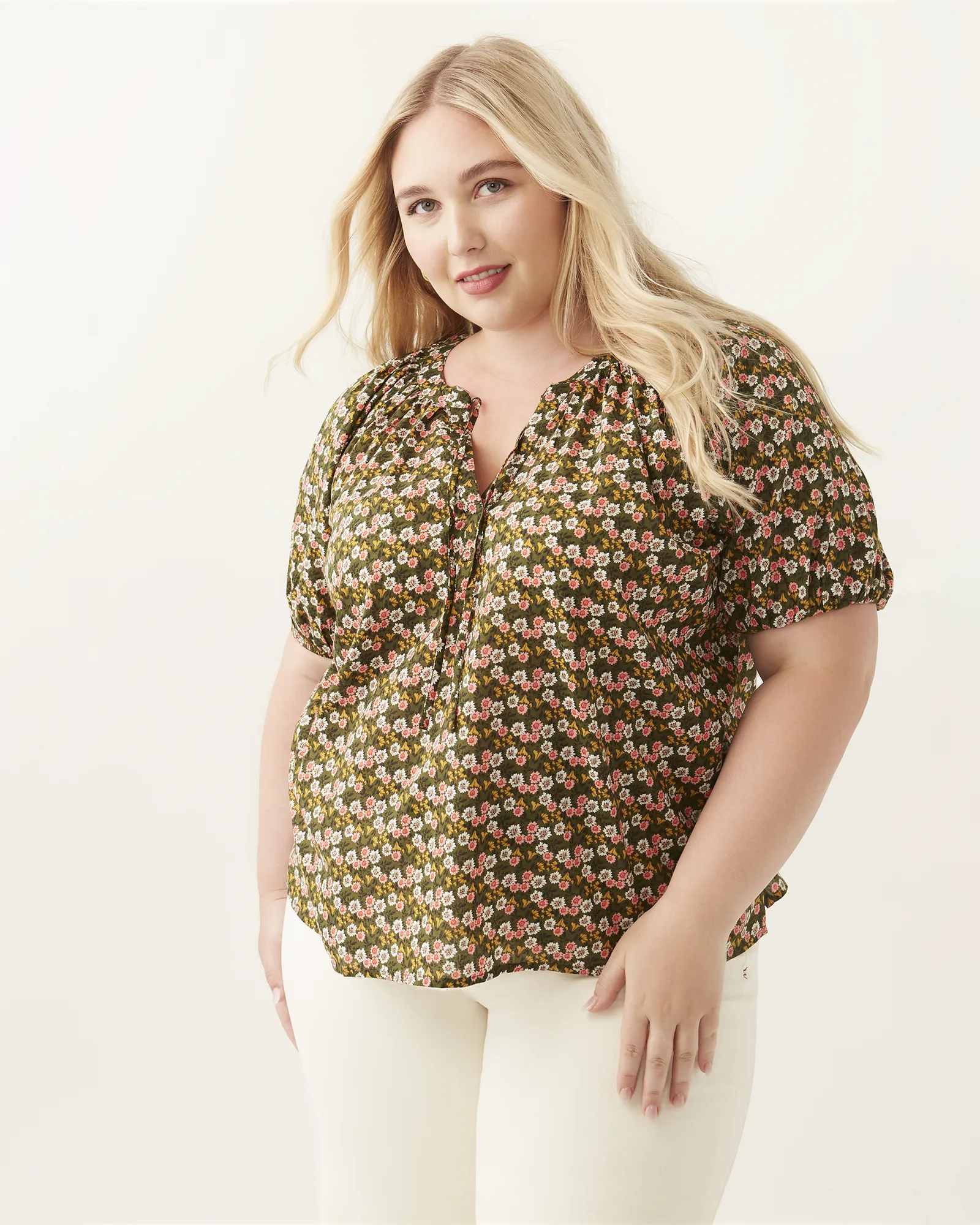 Lucille Printed Blouse | Olive Green / Pink
