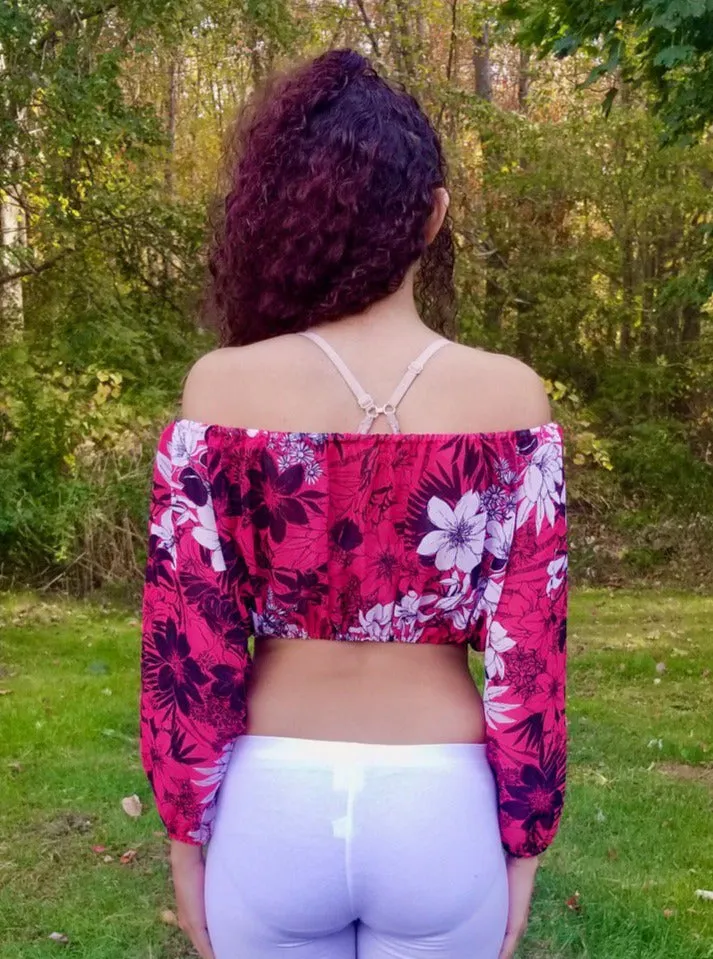 Luna Rossa Long Sleeve Red / Floral Peasant Crop Top / Made in USA